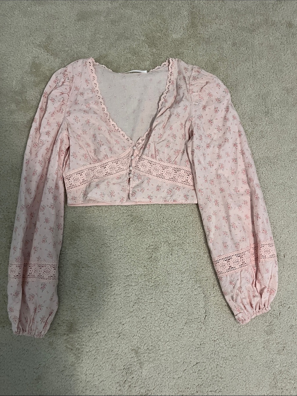 Altar'd State Blush Pink Floral Lace-Trim Cropped V-Neck Top